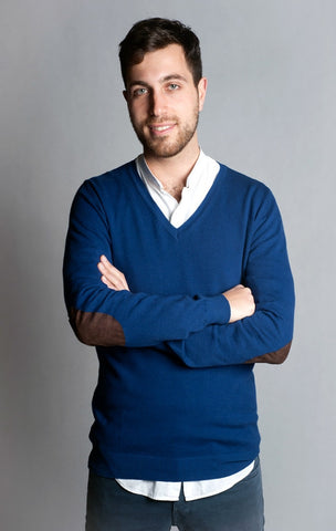 V Neck, Blue Sweater with Elbow Patch