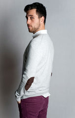 Beige, V Neck Sweater with Elbow Patch - 65% Cotton / 35% Polyamide