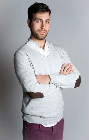 Light Grey, V Neck Sweater with Elbow Patch - 65% Cotton / 35% Polyamide