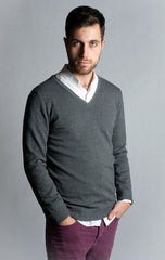 Beige, V Neck Sweater with Elbow Patch - 65% Cotton / 35% Polyamide