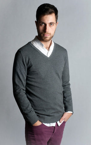 Dark Grey, V Neck Sweater with Elbow Patch -65% Cotton / 35% Polyamide