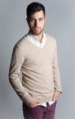 Light Grey, V Neck Sweater with Elbow Patch - 65% Cotton / 35% Polyamide